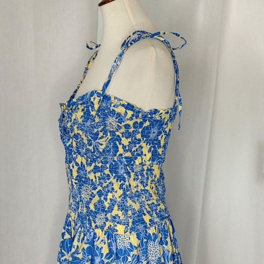 J.Crew Collection Dress Tie Shoulder Smocked Floral Cotton Poplin Blue Yellow Su - Picture 6 of 13